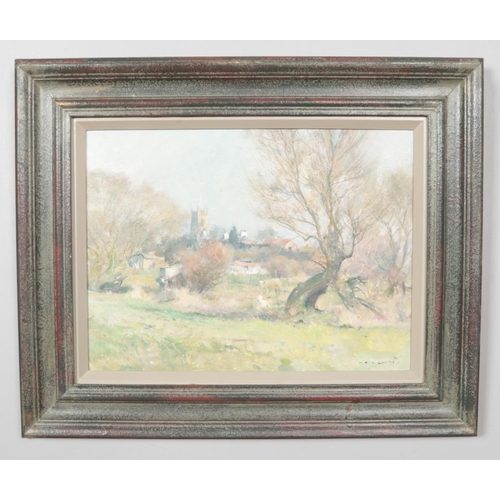 214 - David Jan Curtis (1948-), a framed oil on board, rural landscape scene, with cattle and buildings to... 