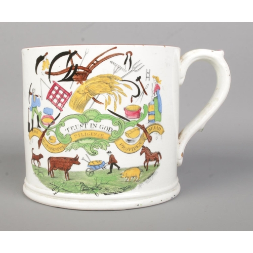 25 - A 19th century Farmers Arms pottery mug. 'Industry Produceth Wealth'. Height 12cm.