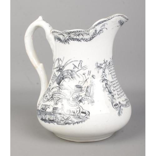 26 - A 19th century Farmers Arms pottery pitcher. 'Industry Produceth Wealth'. Height 19.5cm.