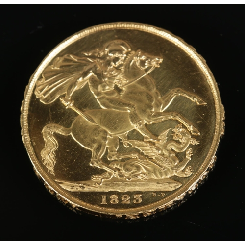 492 - A George IV gold two pounds, dated 1823. JBM below truncation. 15.99g.