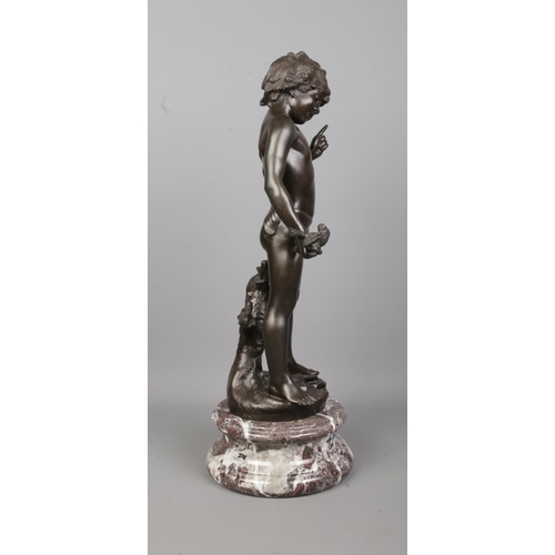 72 - After Auguste Moreau, a bronze sculpture of a boy holding a branch with birds and having a flute at ... 