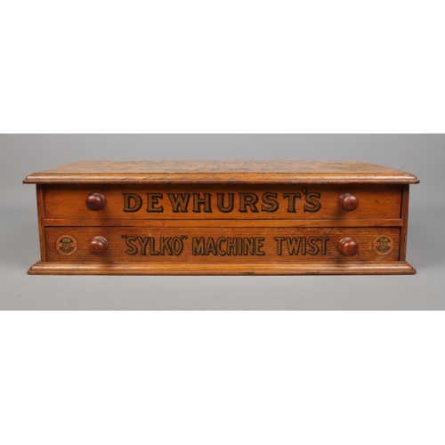 78 - A Dewhurst's Sylko Machine Twist oak two drawer table top box.