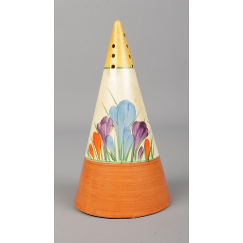 8 - A Clarice Cliff Bizarre conical sugar shaker decorated in the Crocus design. Height 14cm.