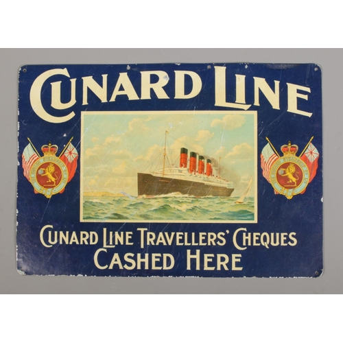 91 - A vintage Cunard Line tinplate sign. Cunard Line Traveller's Cheques Cashed Here, with a view of the... 