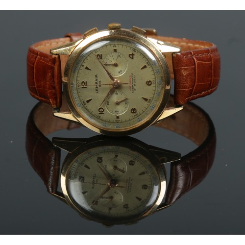 203 - An 18ct gold Lemania 105 manual chronograph wristwatch. Having Arabic and baton markers, centre seco... 