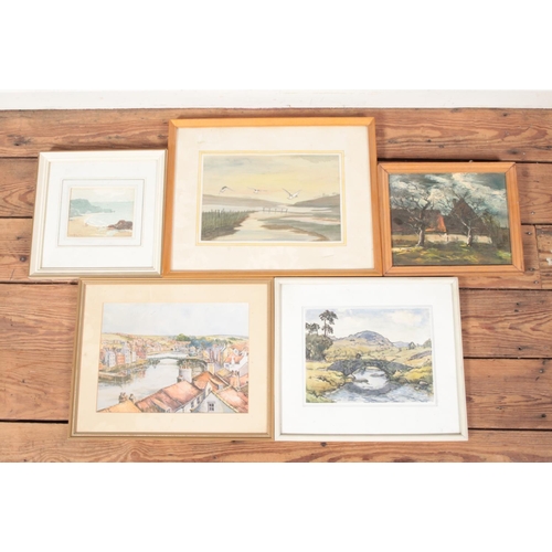 565 - Four assorted artworks, to include Jack Wilcock watercolour 'Watendlath', and John Hickman bay scene... 