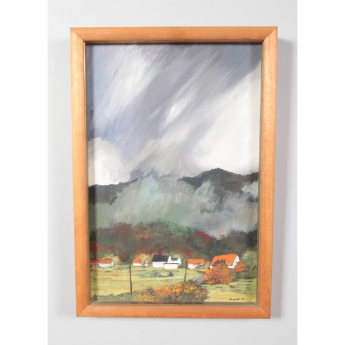 567 - A framed oil on canvas depicting a mountainous scene with grey skies and dwellings to the foreground... 