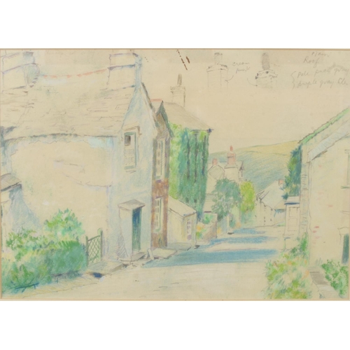 569 - James Marshall Heseldin (1887-1969) 'The Village Street'; mixed media artwork depicting rows of hous... 