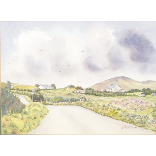 571 - Dermot Cavanagh (active 1986-present) a rural watercolour scene, with cottages to the distance. Sign... 