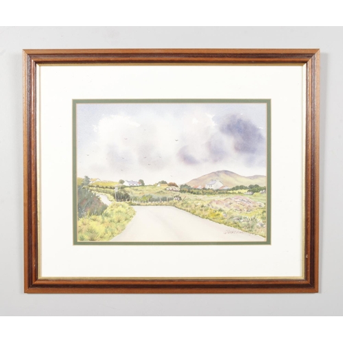 571 - Dermot Cavanagh (active 1986-present) a rural watercolour scene, with cottages to the distance. Sign... 