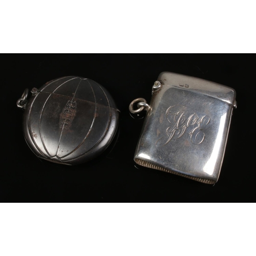 604 - An Edwardian silver vesta case with a later steel football shaped vesta.

Silver vesta weight 27.81g