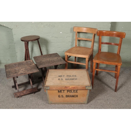 611 - A collection of furniture including a wooden Met Police storage box, two folding occasional tables, ... 