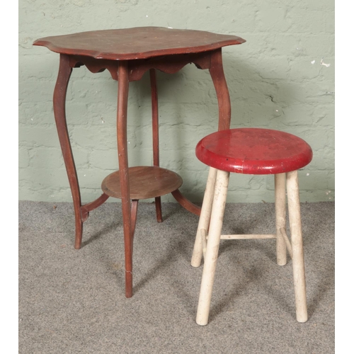 618 - A small painted stool together with a antique mahogany occasional table