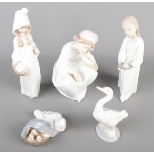 146 - Five Spain Lladro Ceramic Figures, includes Young Girl Just Resting #6481, Mother Goose and Goslings... 