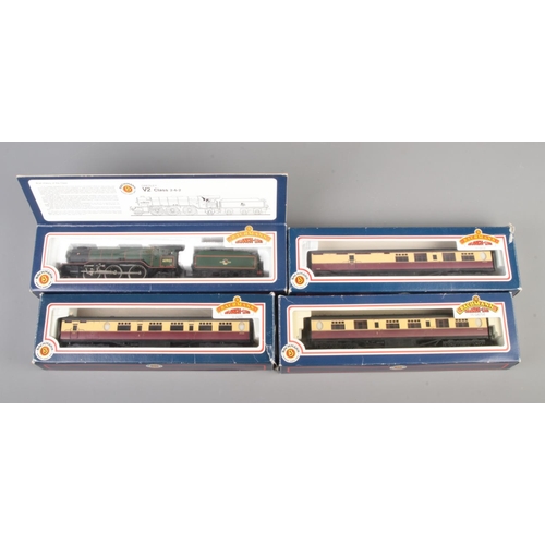 148 - Four boxed Bachmann 00 gauge Branch Line train models. Includes Gresley V2 Class 2-6-2 locomotive an... 