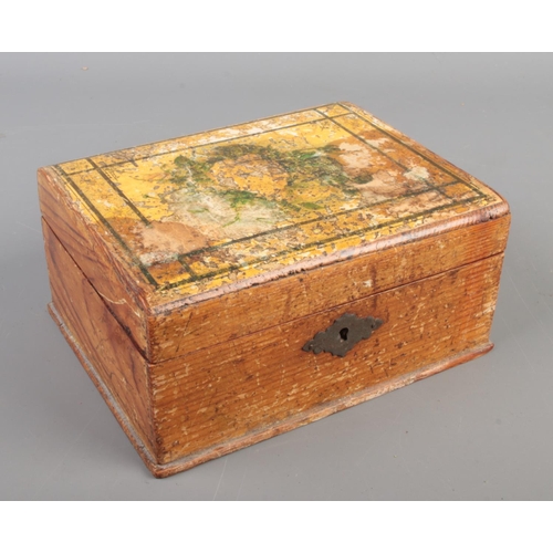 178 - A vintage wooden jewellery box with contents of costume jewellery. Includes Limoges cameo brooch, en... 