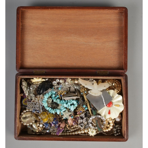 245 - A box of assorted costume jewellery to include mother of pearl brooch, tigers eye pendant on chain, ... 