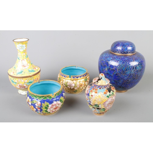 25 - A small quantity of oriental cloisonne to include lidded ginger jar and posy vase.