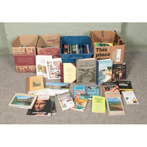 275 - Four boxes of assorted mostly non-fiction books to include Religious texts, travel guides, artist sp... 