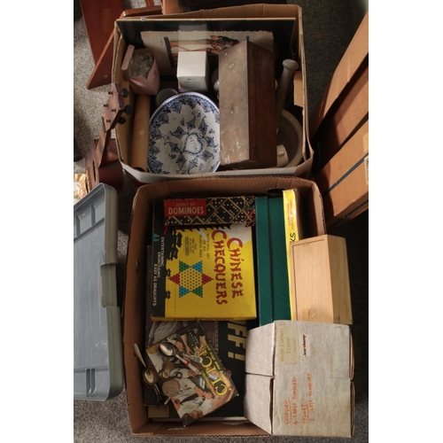 276 - Two boxes of miscellaneous to include Meccano, Ukulele, book trough, Xbox video games, Wedgwood, chi... 