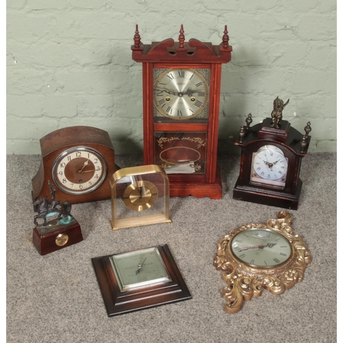 278 - A box of assorted, mostly quartz, clocks to include Highlands 31 Day pendulum wall clock, oak cased ... 