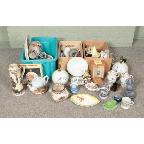 279 - Three boxes of assorted ceramics to include Carlton Ware, a pair of English Country Pottery lamps, B... 