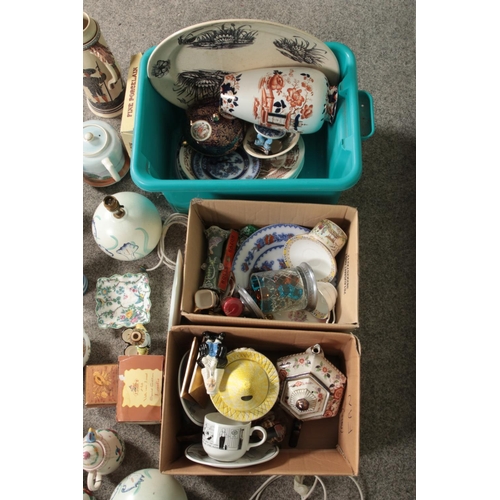 279 - Three boxes of assorted ceramics to include Carlton Ware, a pair of English Country Pottery lamps, B... 