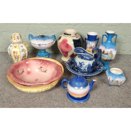 289 - A quantity of decorative ceramics including several vases, wash jug and bowl and potpourri bowl.