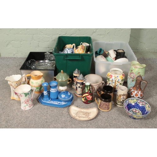 297 - Three boxes of ceramics and glass including Maling, Tam's Ware, Crown Devon, Indian Tree, Arthur Woo... 