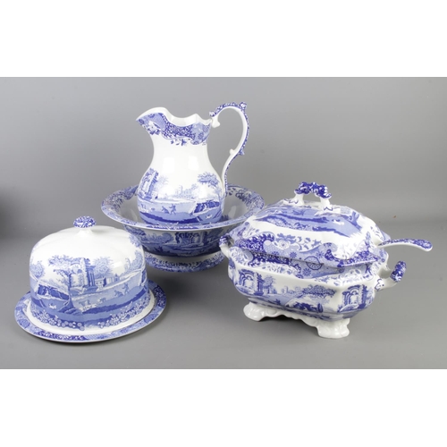 3 - Three large pieces of Spode Italian ceramics. Contains jug and washbowl, cheese dome and lidded ture... 