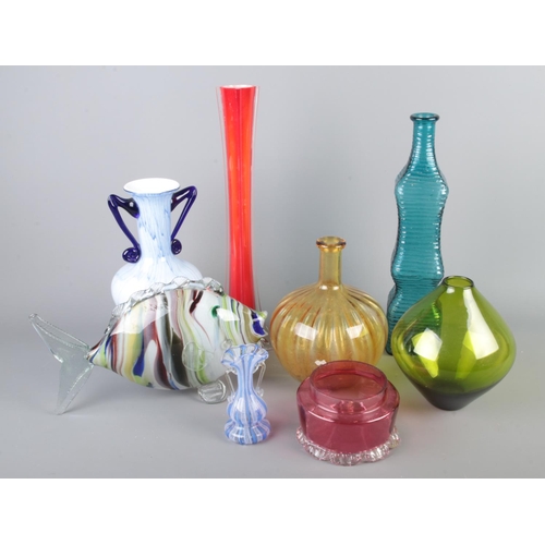 30 - A collection of assorted coloured art glass to include Murano style, pink bowl, several tall vases, ... 