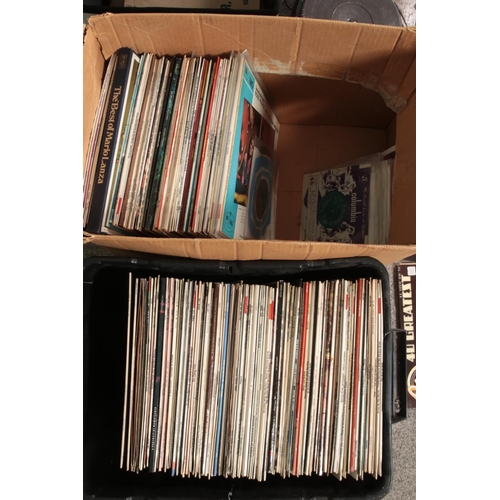 303 - Three boxes of assorted vinyl LP records of mainly pop and easy listening to include Elvis Presley, ... 