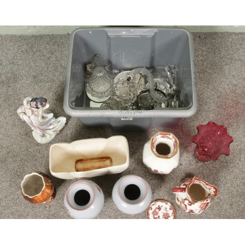 330 - A box of mixed ceramics and glass including Masons Mandalay Red items, Denby, Arthur wood etc.