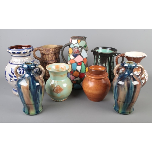 38 - A collection of vintage ceramics including West German Pottery, Belgium Pottery, Lake's Cornish Pott... 