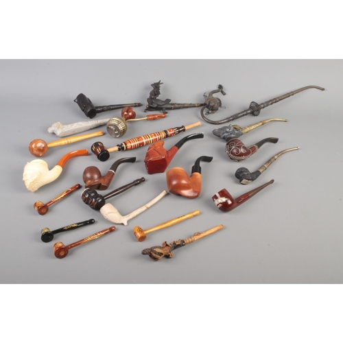 399 - Mixed collection of 22 pipes come with a wood cabinet display, including variety of meerschaum, wood... 