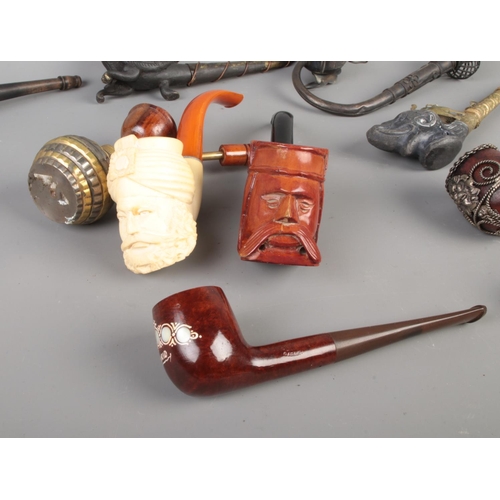 399 - Mixed collection of 22 pipes come with a wood cabinet display, including variety of meerschaum, wood... 