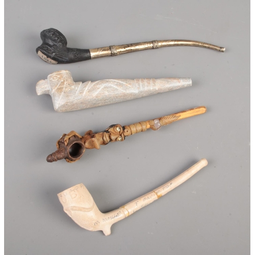 399 - Mixed collection of 22 pipes come with a wood cabinet display, including variety of meerschaum, wood... 