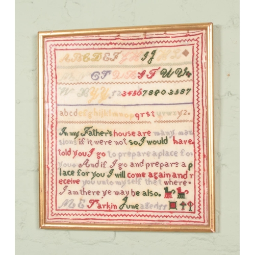 464 - A framed Victorian sampler with alphabetical wool work, line border and embroidered text, height 49 ... 