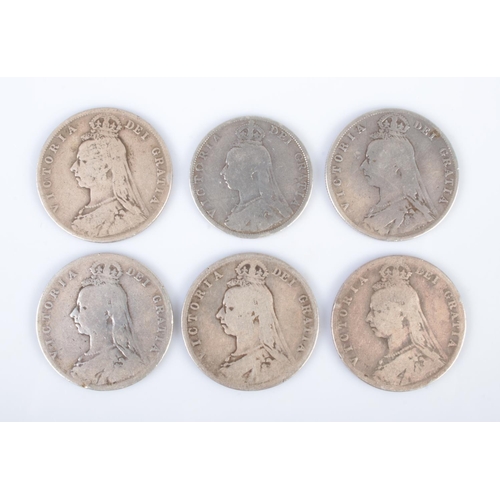 492 - Six Victorian silver coins; an 1888 florin and five half crowns,  1889 (2), 1890 (2) and 1892.