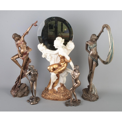 68 - A collection of composite figures. Includes Louis Beataux figural mirror, two Soul Journeys Spirit S... 