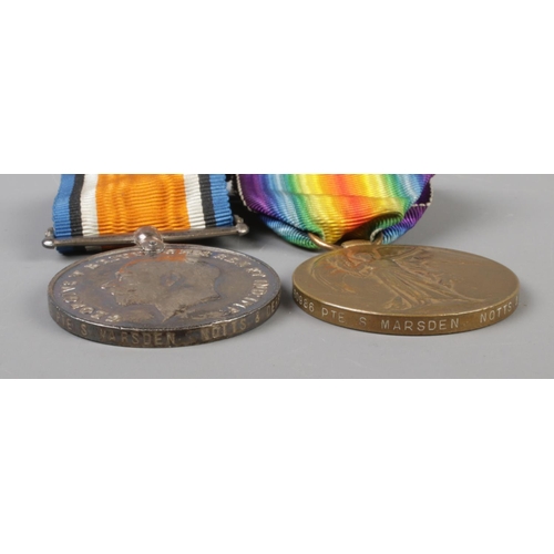 520 - A pair of British World War One medals presented to Private S Marsden, Nottinghamshire & Derby Regim... 