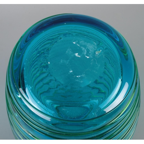 580 - A large hand blown blue glass vase with applied green threaded decoration. Possibly by Fulvio Bianco... 