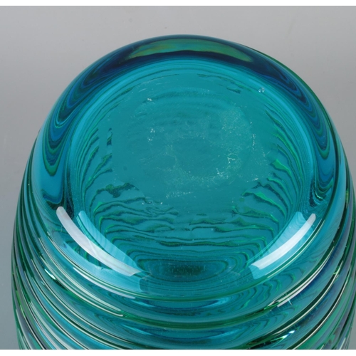 581 - A large hand blown blue glass vase with applied green threaded decoration. Possibly by Fulvio Bianco... 