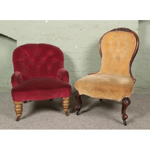 647 - Two Victorian upholstered chairs, including nursing chair and spoon back example.