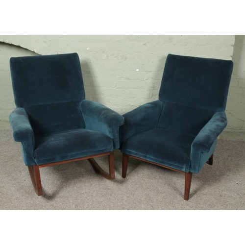 661 - A vintage blue/green velvet upholstered and teak three piece suite, possibly Scandinavian. Includes ... 