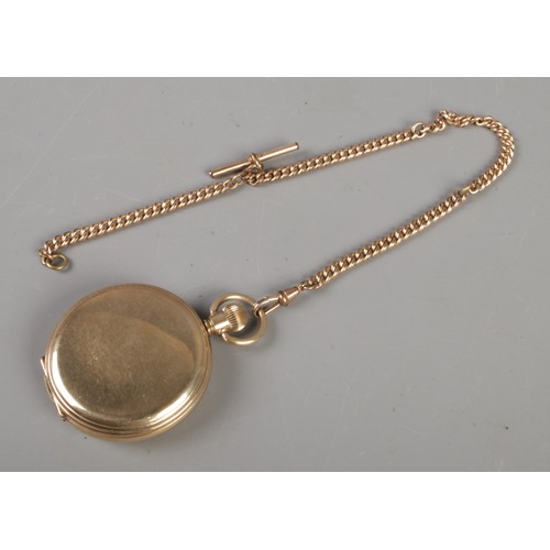 476 - A gold plated Thomas Russell full hunter pocket watch with Elgin case and rolled gold albert chain.