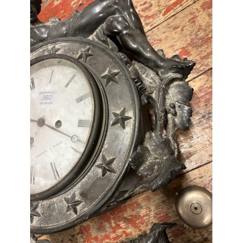 360 - An antique French cast metal wall clock for repair. The dial marked for Bright, Paris and the moveme... 