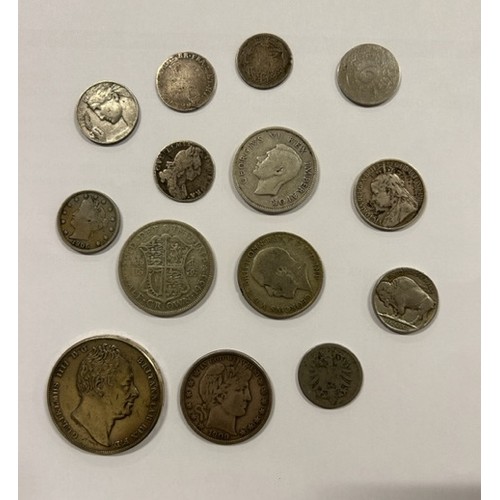 496 - A quantity of assorted coinage, to include 1921 florin, two William III sixpence and 1909 US half do... 