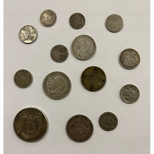 496 - A quantity of assorted coinage, to include 1921 florin, two William III sixpence and 1909 US half do... 