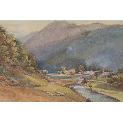 309 - J Birkett Fisher, a gilt framed watercolour, rural landscape scene with fisherman and sheep. 17cm x ... 